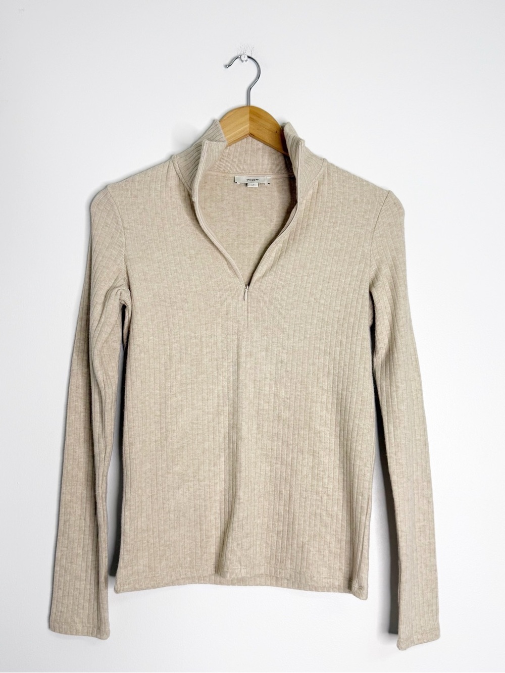 Vince Ribbed Quarter Zip Pullover Sweater Beige Size Small